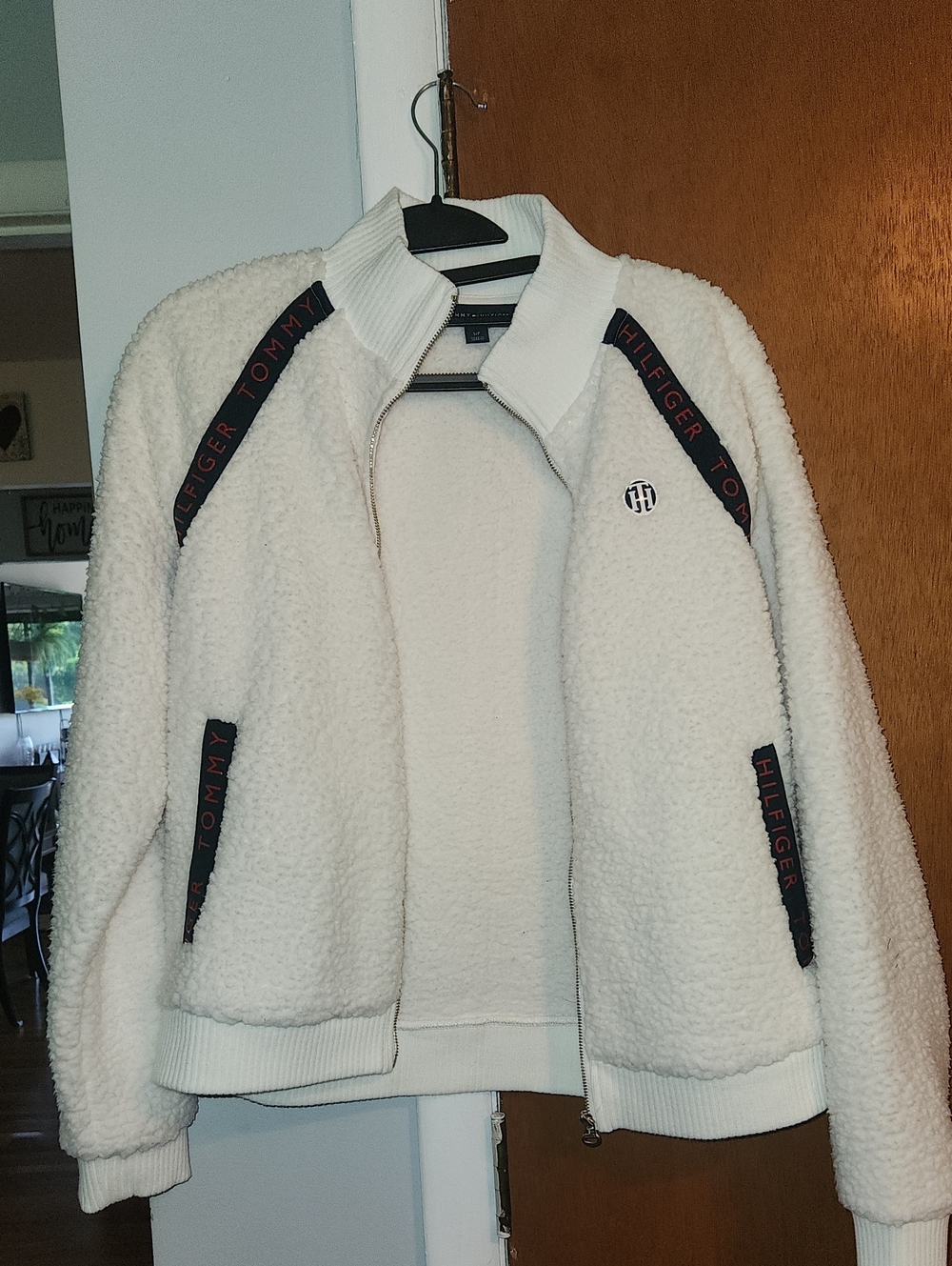 Tommy Hilfiger Cream Sherpa Zip-Up Jacket with Branded Trim